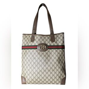Auth. Repainted Gucci Beige+Brown GG Monogram Sherry Line Green And RedTote Bag